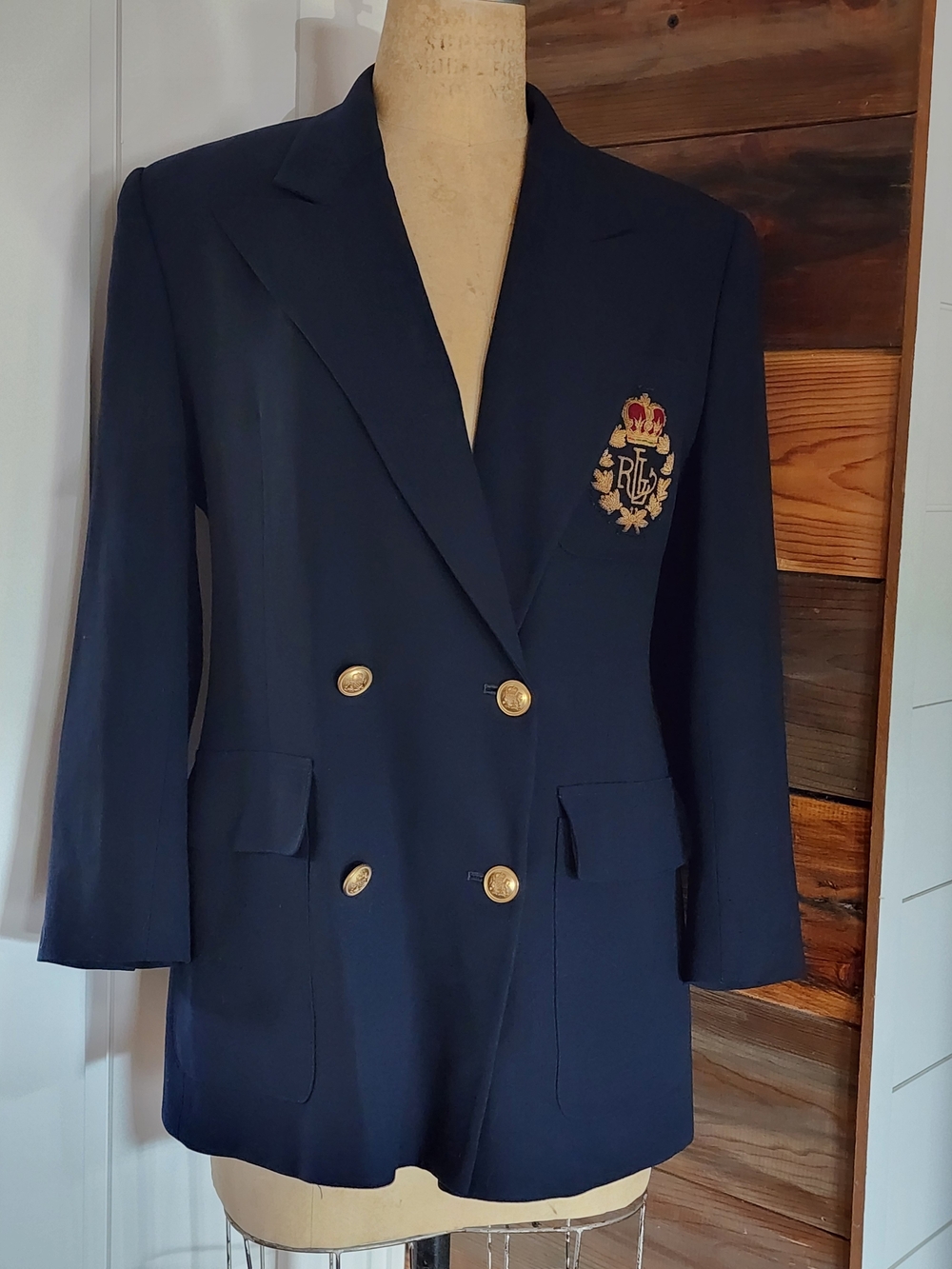 Vintage Ralph Lauren Navy Double-Breasted Wool Crest Blazer
